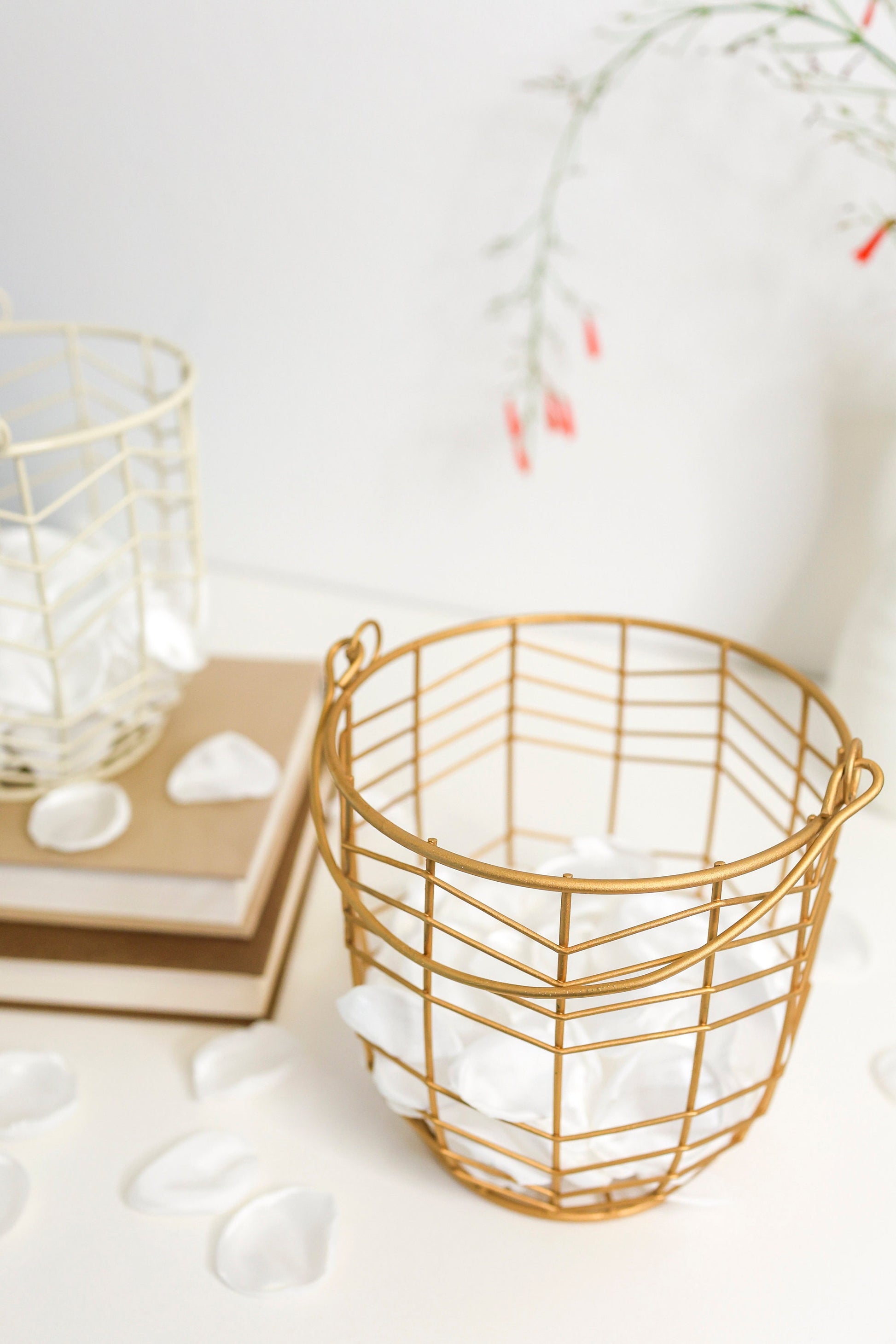 small metal gift basket with a geometric wire pattern in gold. Shown on a white shelf with books and greenery out of focus behind.