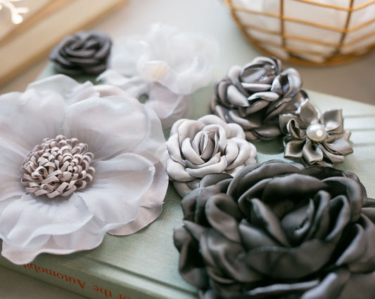 Shades of Grey Fabric Flower Variety Bundle | Deep Grey Neutral Fabric Flowers | Craft Flower Multipack | Silver + Dark Gray Silver Grab Bag